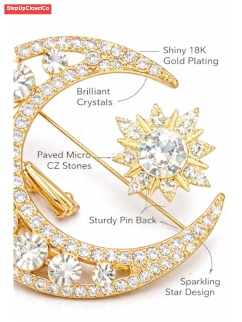 Celestial Moon Brooch Pin for Women Elegant Jewelry Gift for Jacket Scarf Bag
